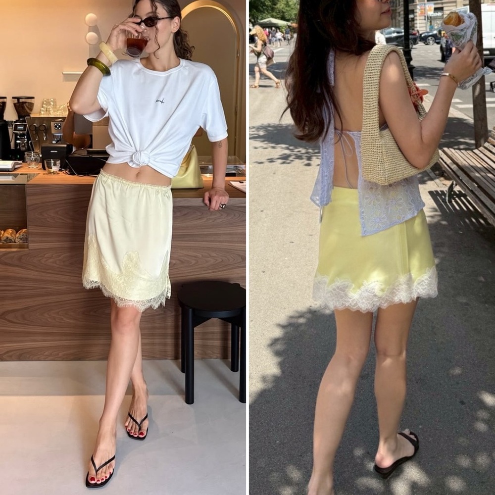 Vintage Butter Yellow White Lace Half Slip Nylon Side Slit Mini Skirt Medium